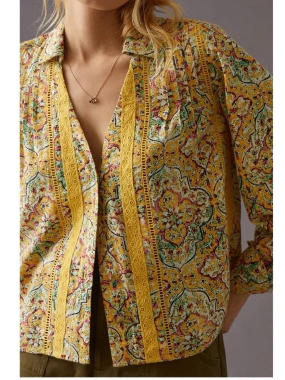 Anthropologie Pilcro Boho Motif Print Pintuck Peasant Blouse Yellow Top XS NWT